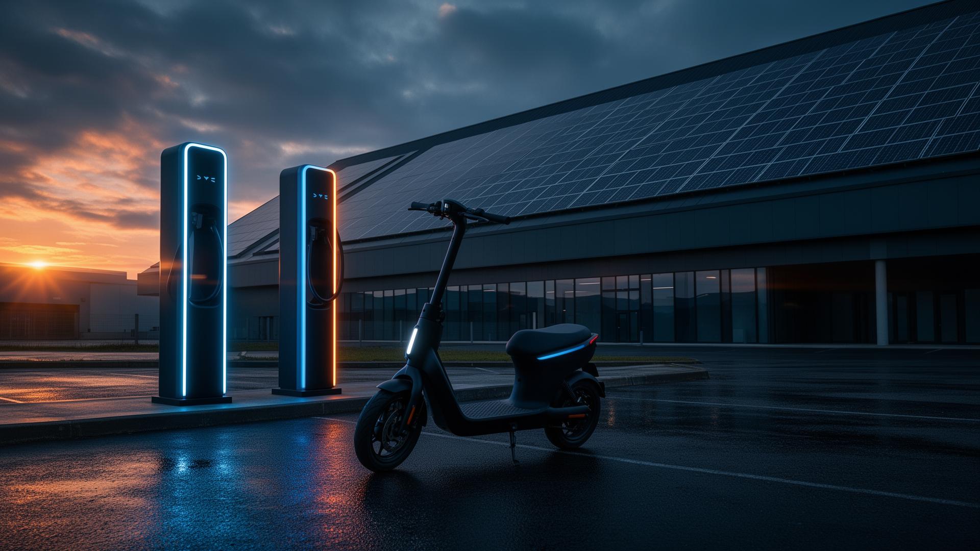 Infraestrutura inteligente Vten com painéis solares, scooter elétrica e carregadores